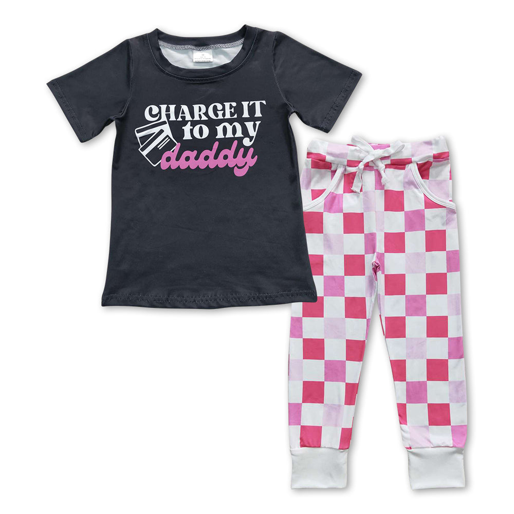 GSPO0859 Charge it to my daddy black short sleeve pink plaid pants girls set