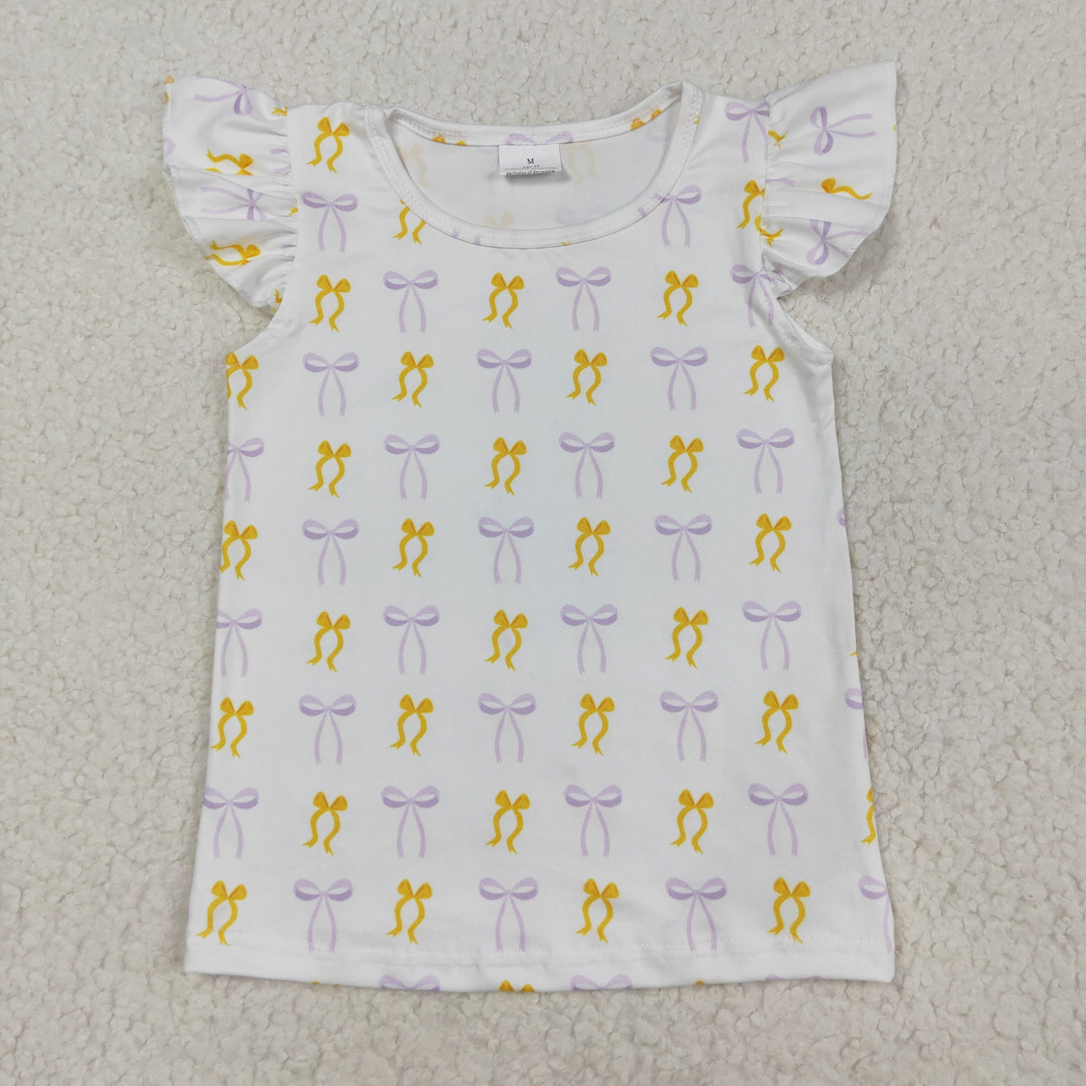 GT1147 yellow/purple bows flutter sleeve girls top