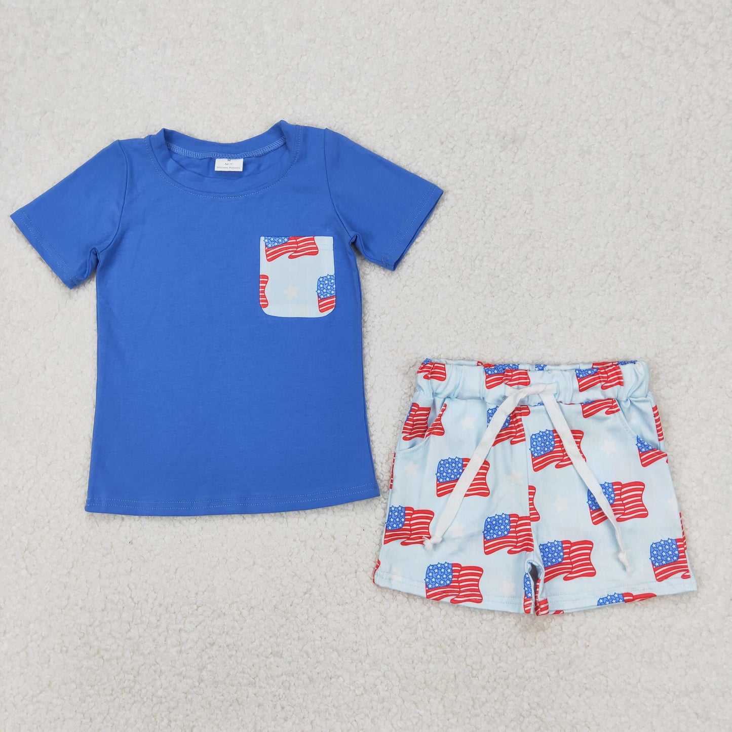 BSSO1258 July 4th Flag Pocket Blue Short Sleeve Shorts Boys Set