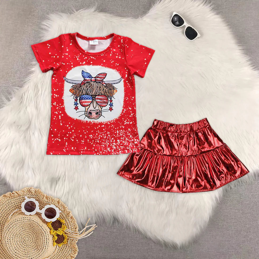 July 4th Western highland cow red short sleeve red leather skirt girls set GT0114+GLK0041