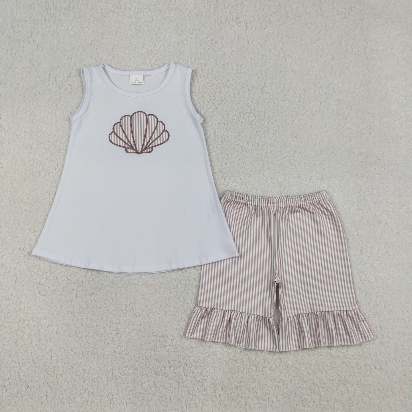 Embroidery GSSO2787 shell sleeveless striped shorts girls set