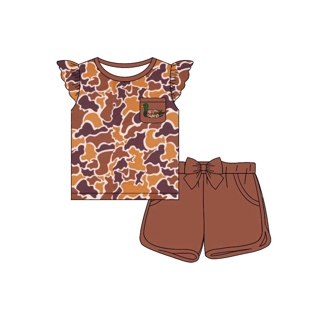 preorder GSSO1506 duck camo hunting camo mallard pocket flutter sleeve brown shorts girls set