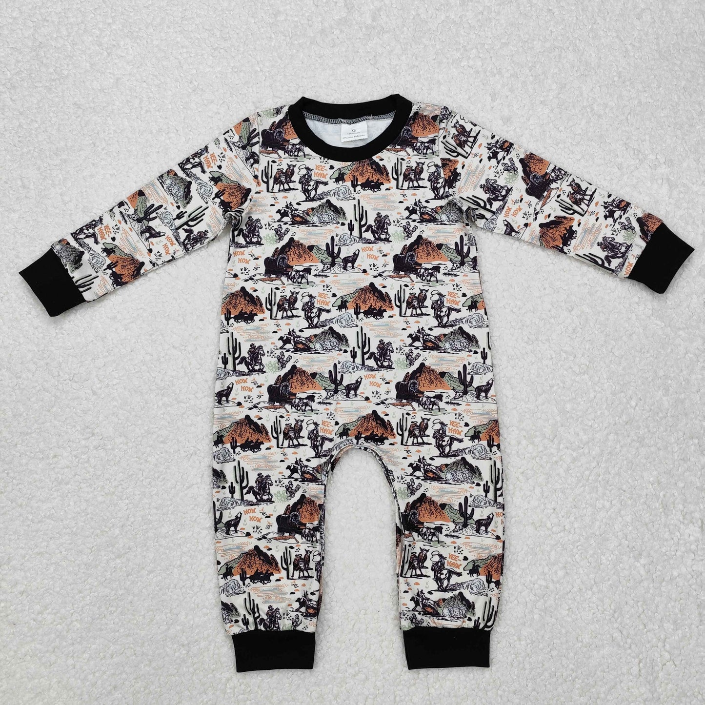 LR1064 Western cactus rodeo black long sleeve boys romper