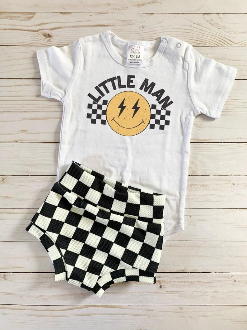 preorder GBO0202 Little man smile short sleeve black checkered bummies set kids clothes