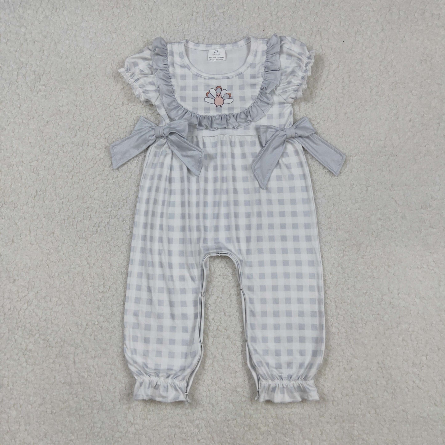 SR1970 Thanksgiving turkey checkered long sleeve girls bows romper