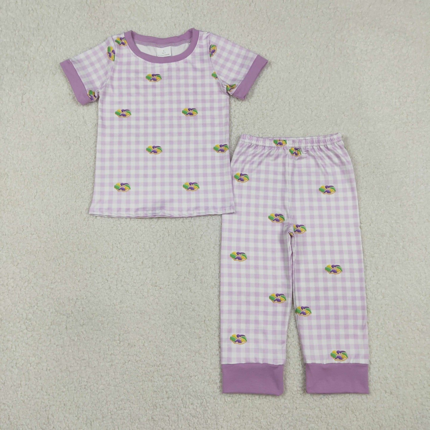 BSPO0630 Mardi Gras Dount Purple Checkered Short Sleeve Pants Boys Pajamas