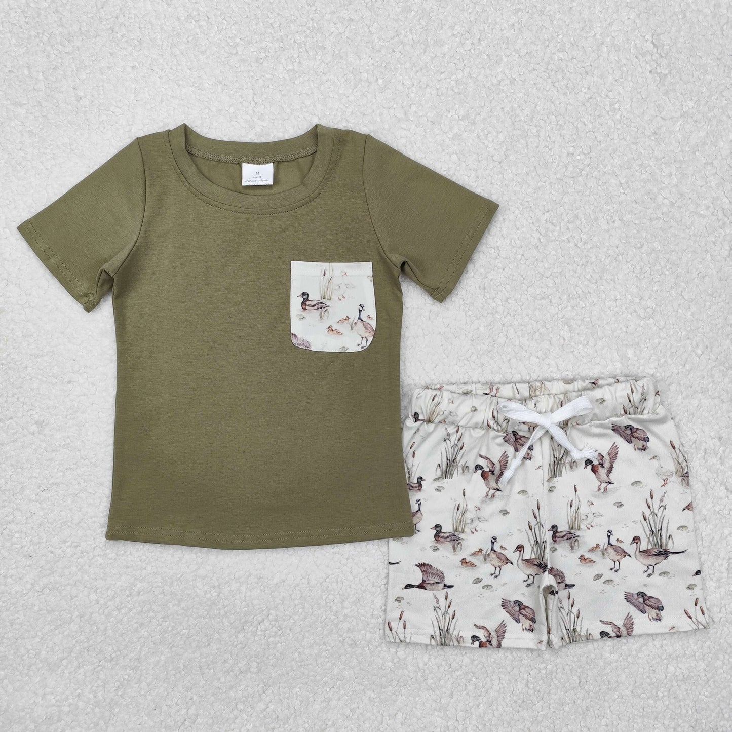 BSSO1175 Mallard Duck Green Pocket Short Sleeve Shorts Boys Set
