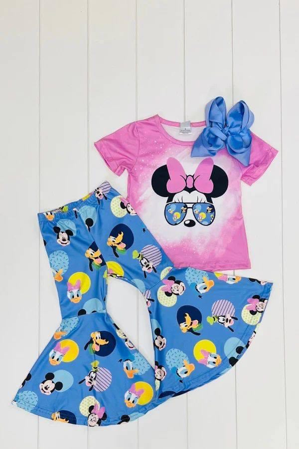 custom Easter Cartoon Egg Hot Pink Short Sleeve Blue Pants Girls Set