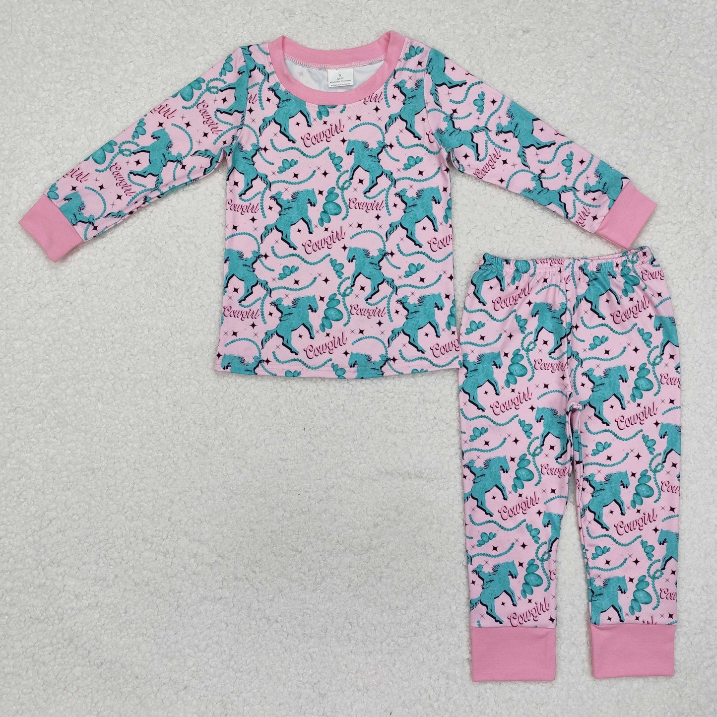 Custom moq 20 bamboo Western rodeo cowgirl pink long sleeve pants girls pajamas