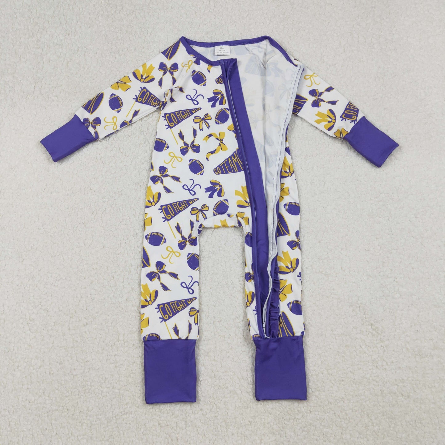 LR2513 cheer purple golden football bows zipper long sleeve girls romper