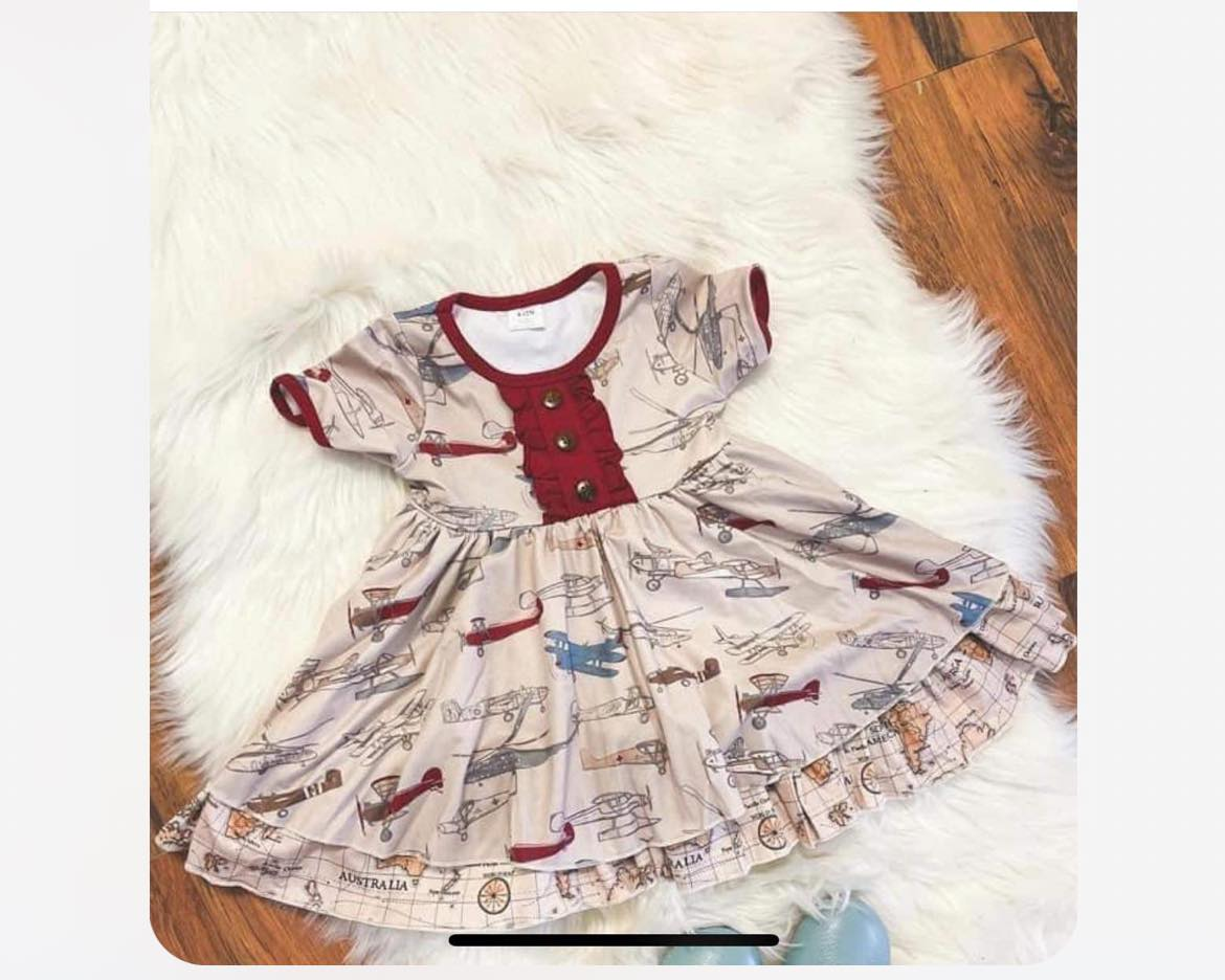 preorder GSD0969 plane red short sleeve girls dress