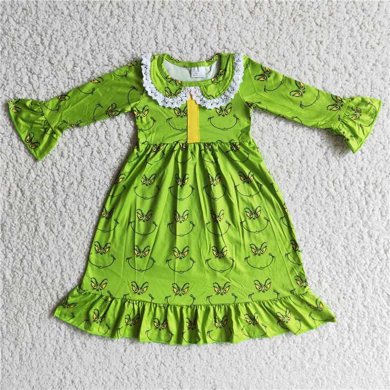 Christmas Green Face Long Sleeve Girls Dress