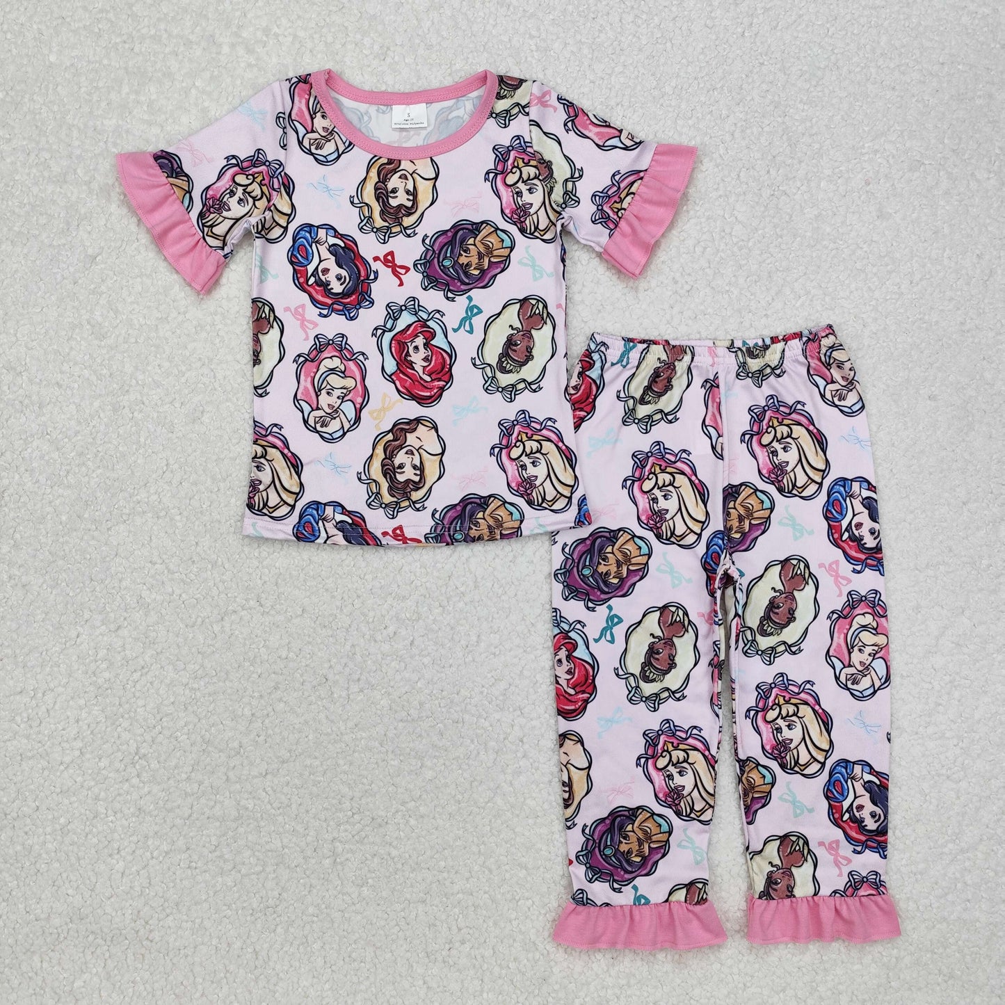 GSPO1846 cartoon princess pink bows short sleeve pants girls set pajamas