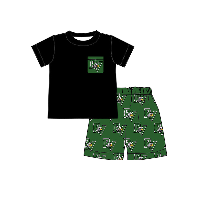 custom style RV eagle pocket black short sleeve green shorts boys set