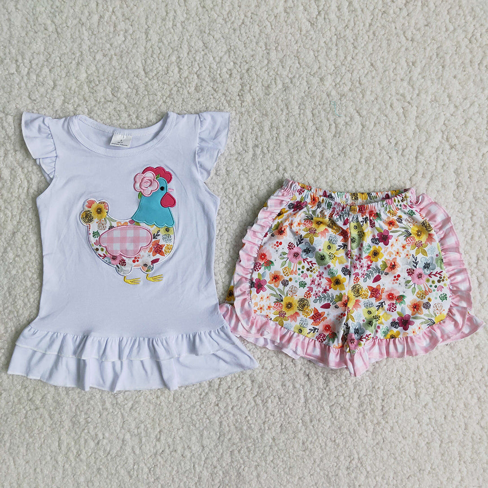 A16-10 Chick Embroidery Flutter Sleeve Floral Pint Shorts Set