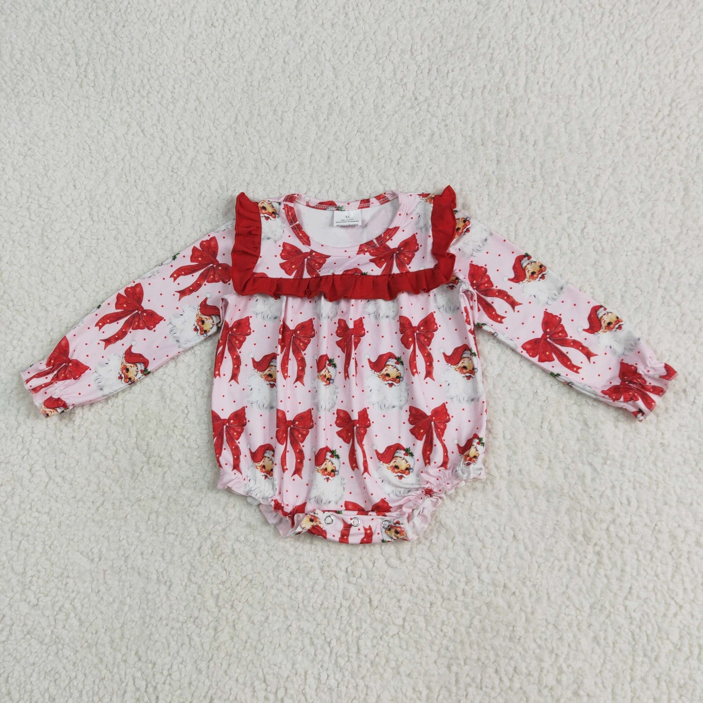 LR2210 Christmas Santa red bows pink long sleeve girls romper