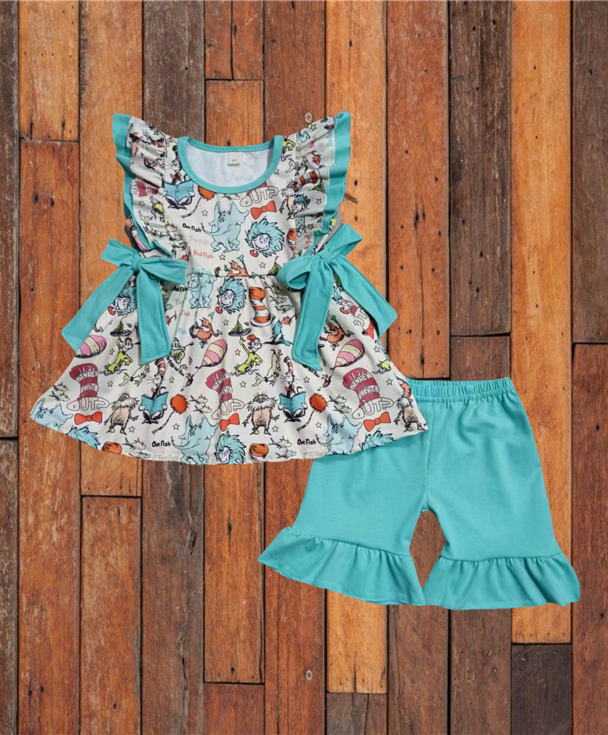 custom moq 3 cartoon Dr elephant mint color bows flutter sleeve ruffles shorts girls set