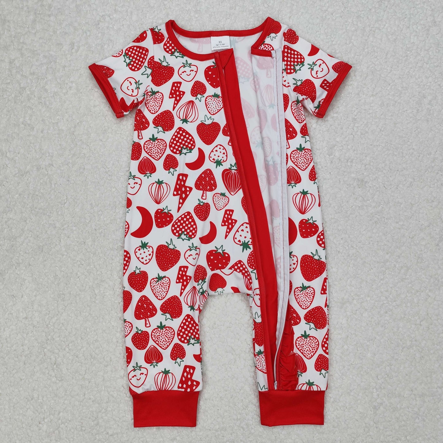 SR2500 cute red strawberry short sleeve zipper girls romper