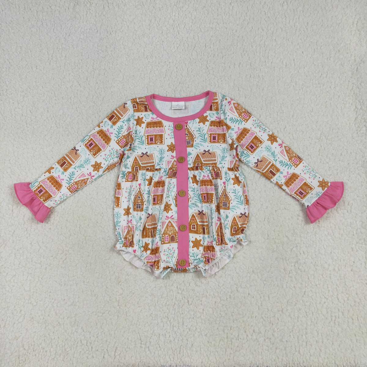 LR2282 Christmas gingerbread house pink long sleeve girls romper