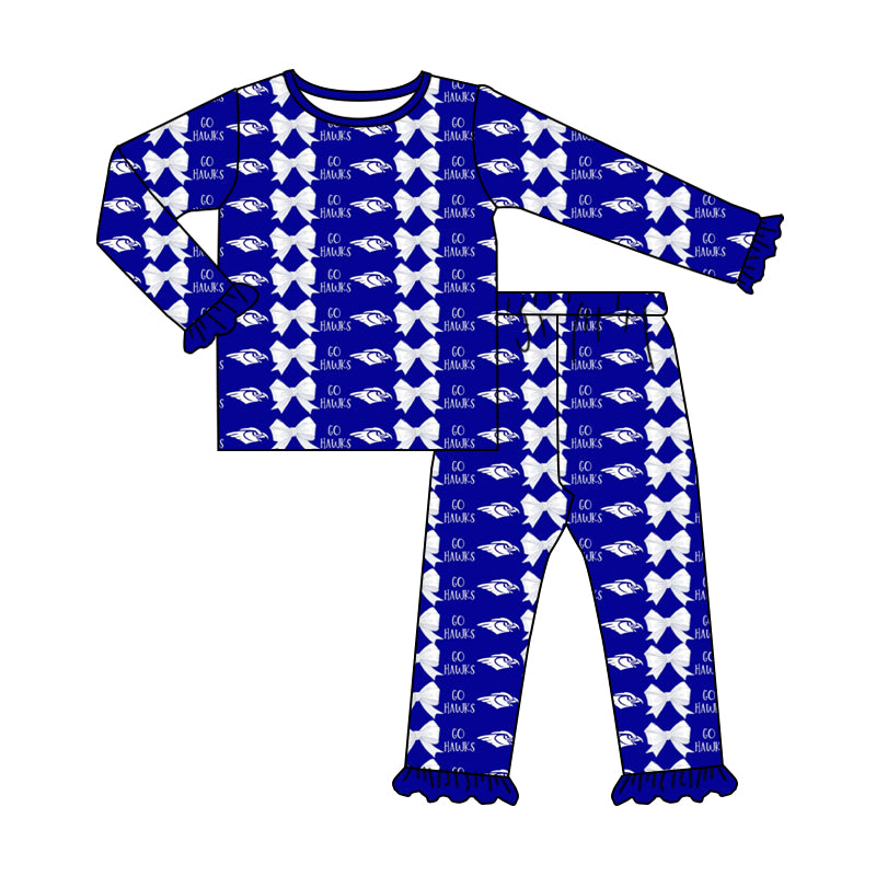 custom football team eagle bows navy blue long sleeve pants girls pajamas