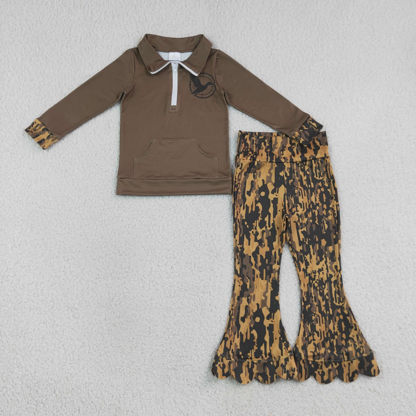 GLP3373 Hunting Mallard Zipper Pocket Long Sleeve Scallop Camo Pants Girls Set