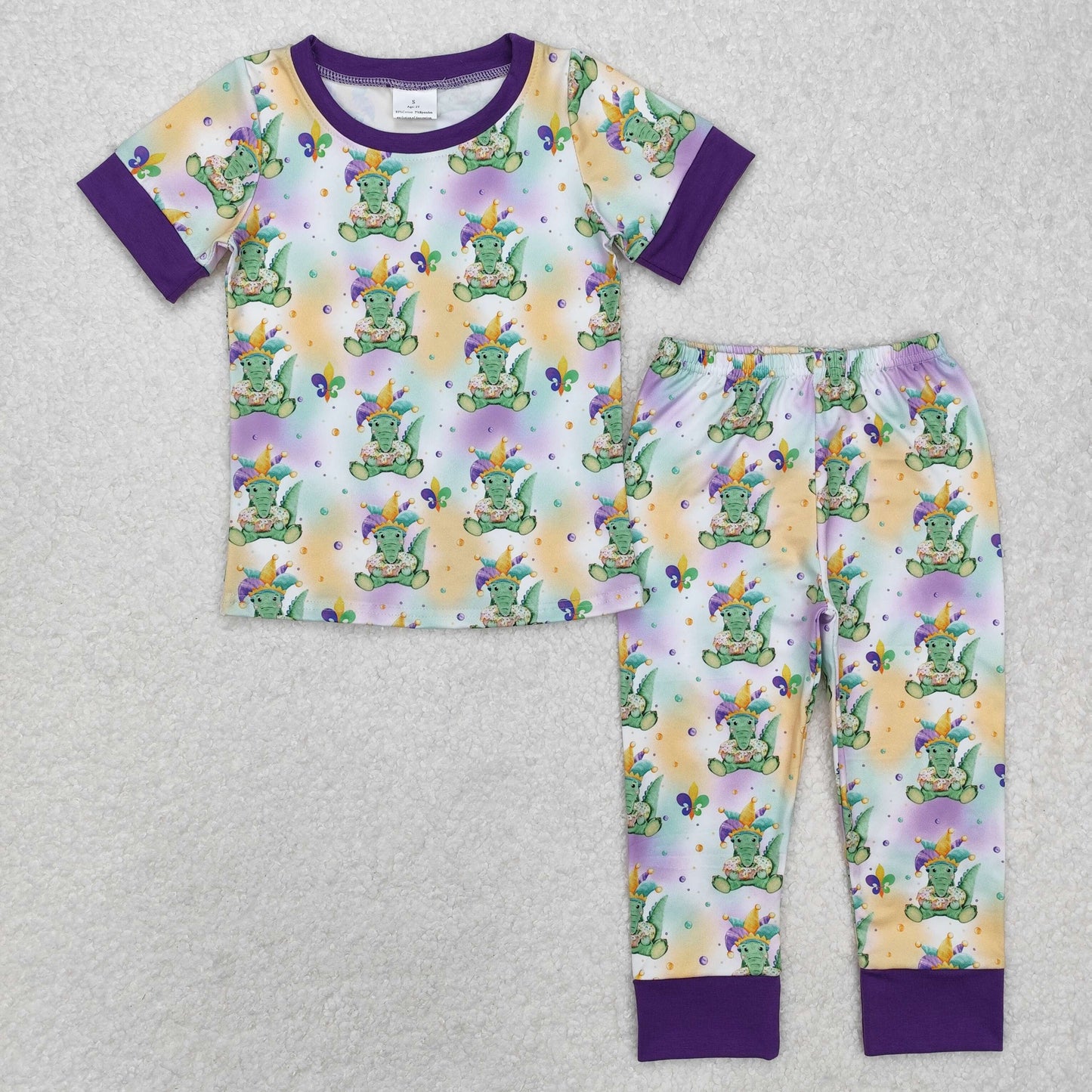 BSPO0547 Mardi Gras Dinosaur Purple Short Sleeve Pants Boys Pajamas