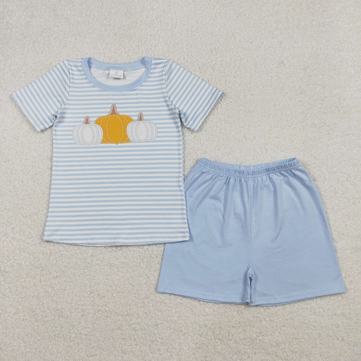 BSSO1548 Autumn pumpkin blue striped short sleeve shorts boys set