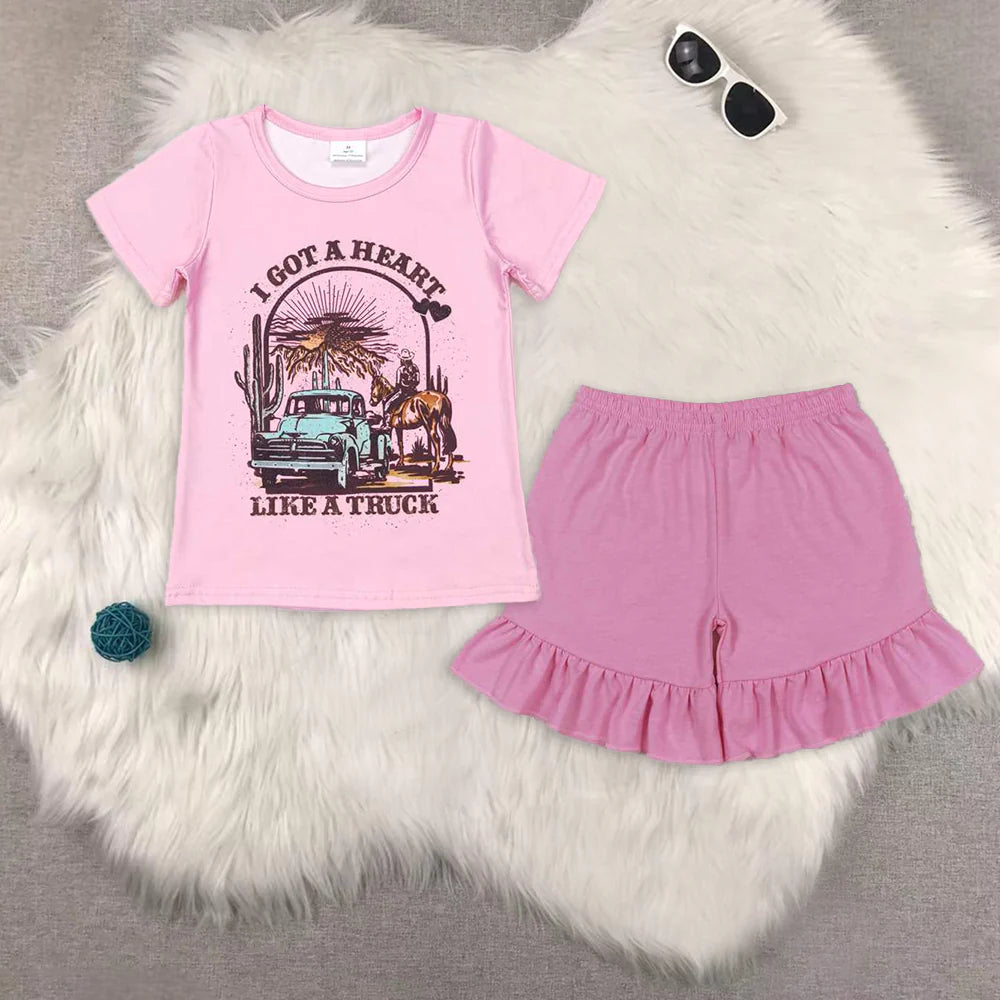 i got a heart car pink short sleeve pink shorts girls set GT0406+SS0271
