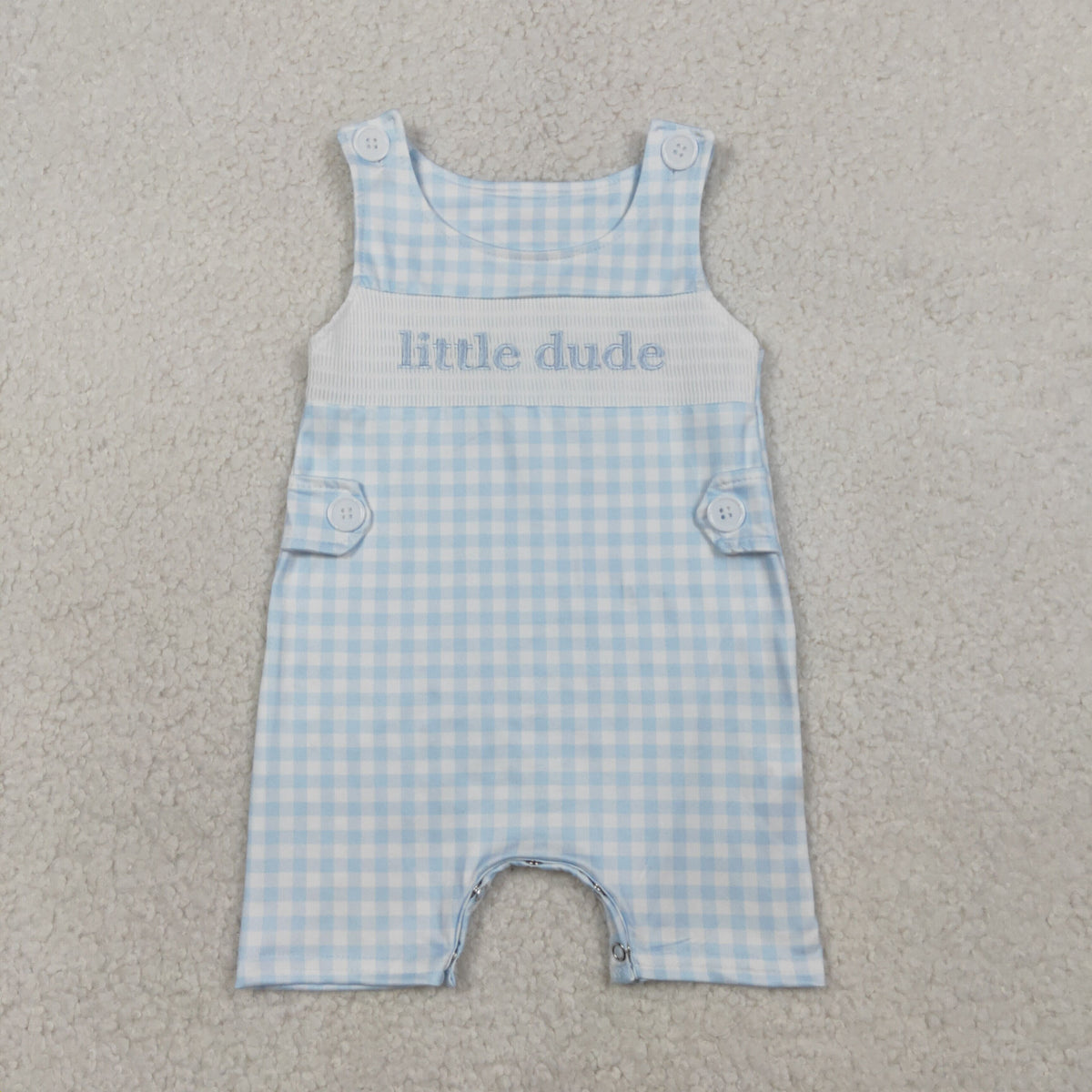 Embroidery SR3482 Little Dude Blue Checkered Sleeveless Boys Romper