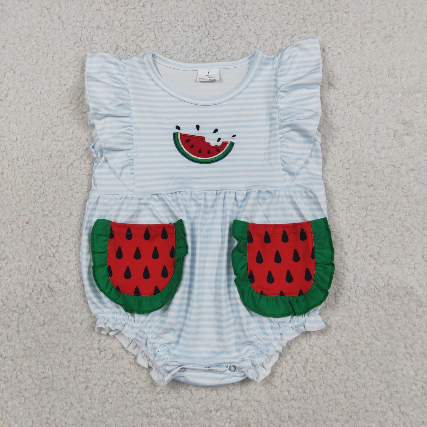 Embroidery SR4153 Summer Watermelon Pocket Flutter Sleeve Girls Romper