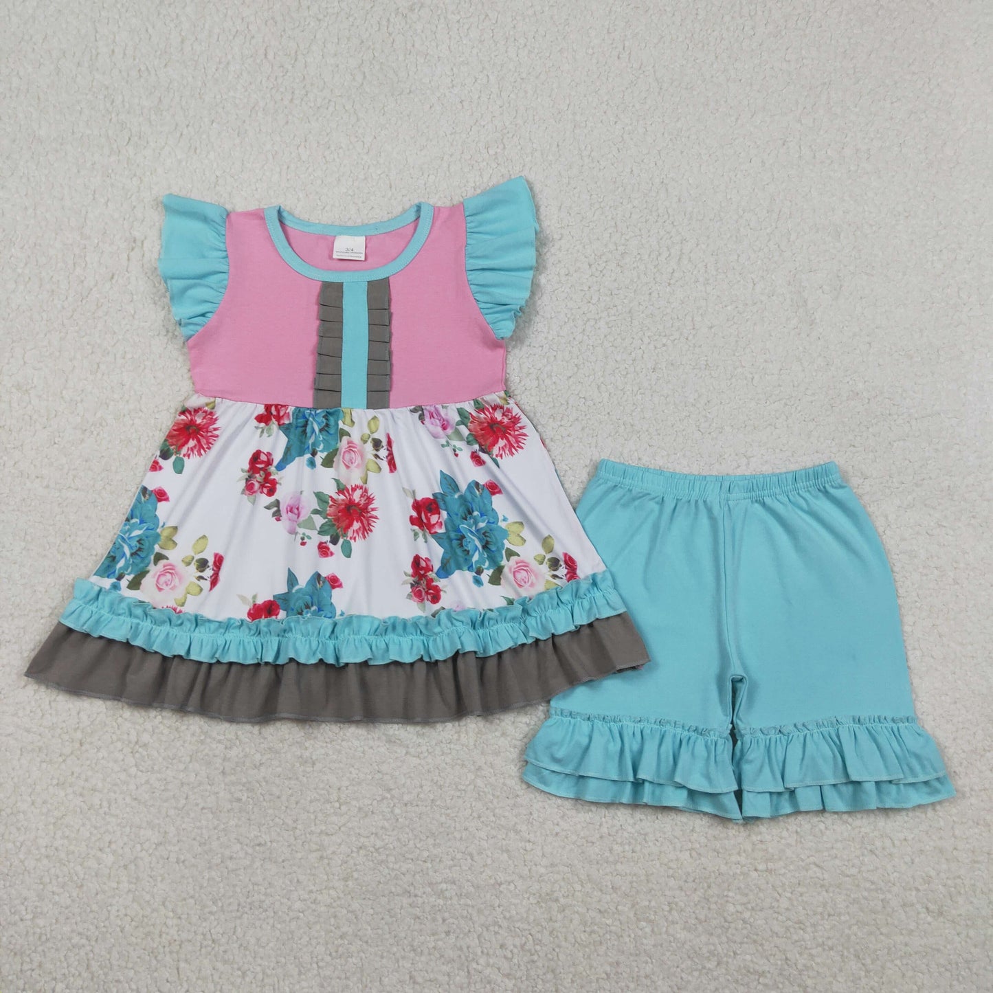 GSSO3744 Flowers Flutter Sleeve Blue Shorts Girls Set