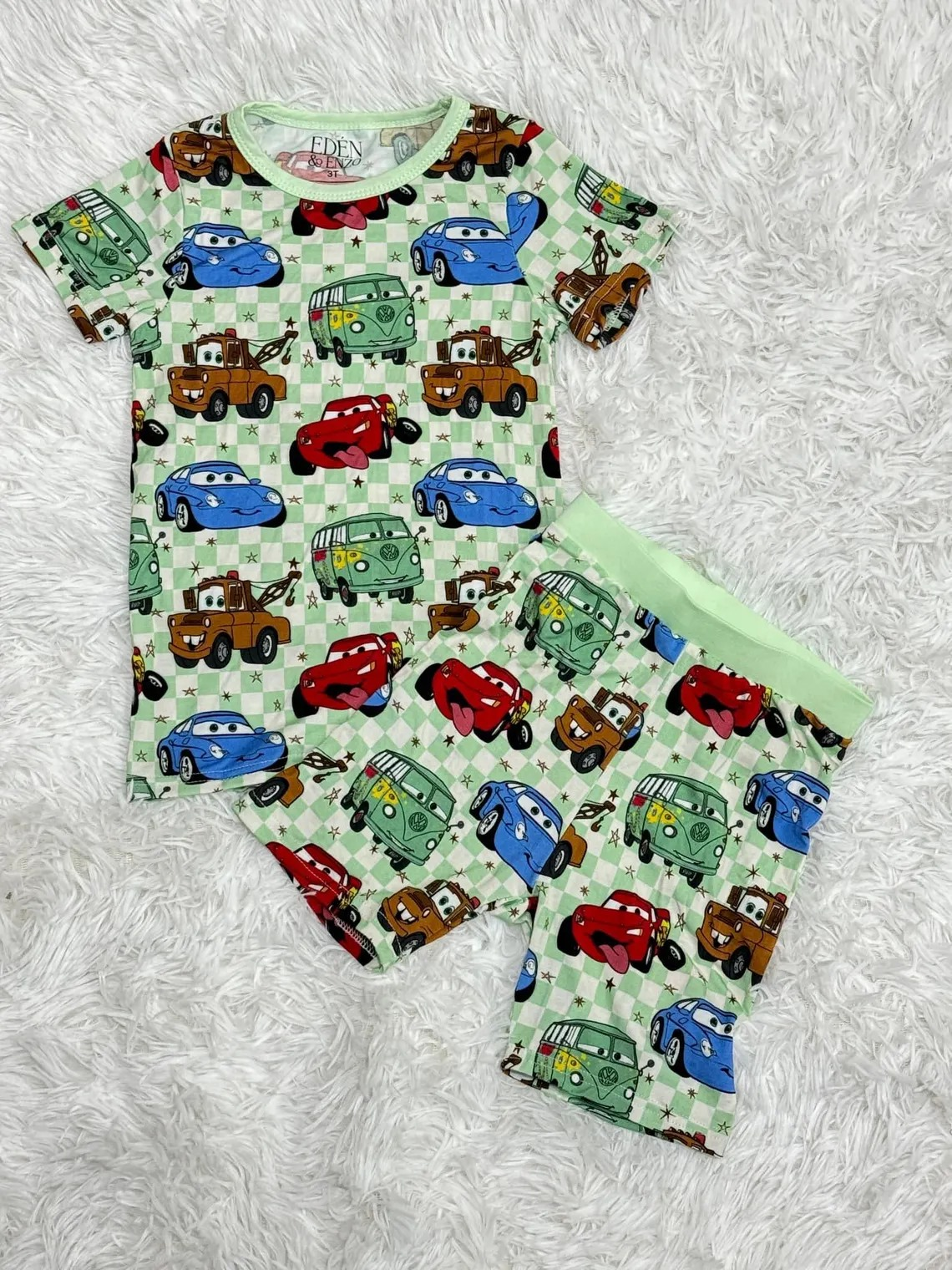 preorder BSSO1164 Cartoon Car Green Checkered Short Sleeve Shorts Boys Set