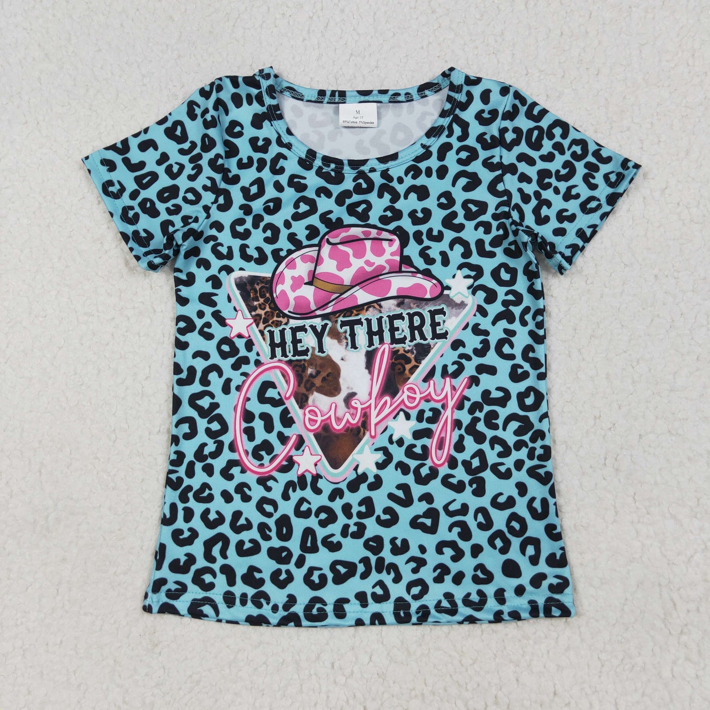 GT0934 Western cowboy hat mint color leopard short sleeve girls top