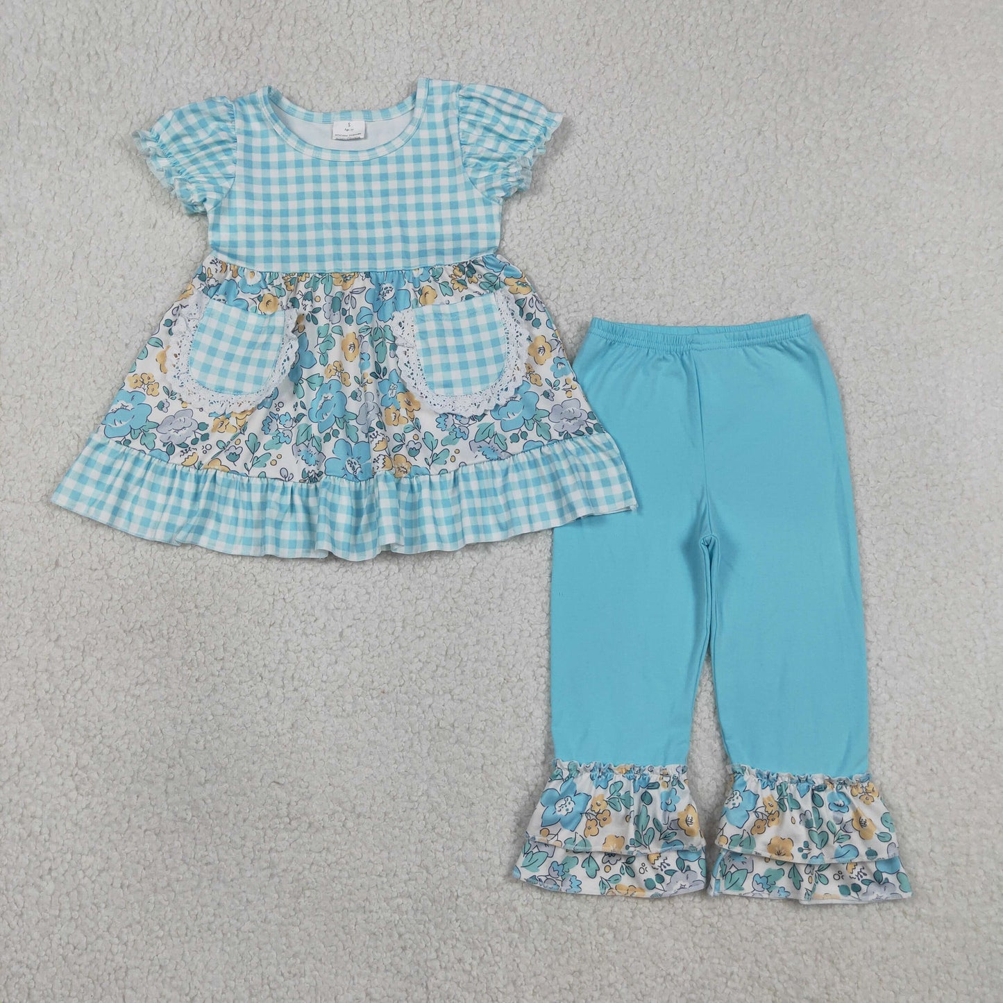 GSPO2282 Blue Flowers Pockets Checkered Short Sleeve Ruffles Pants Girls Set