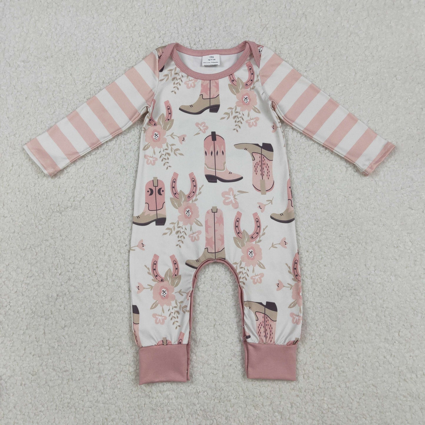 LR2976 Western Boots Flowers Pink Long Sleeve Girls Romper