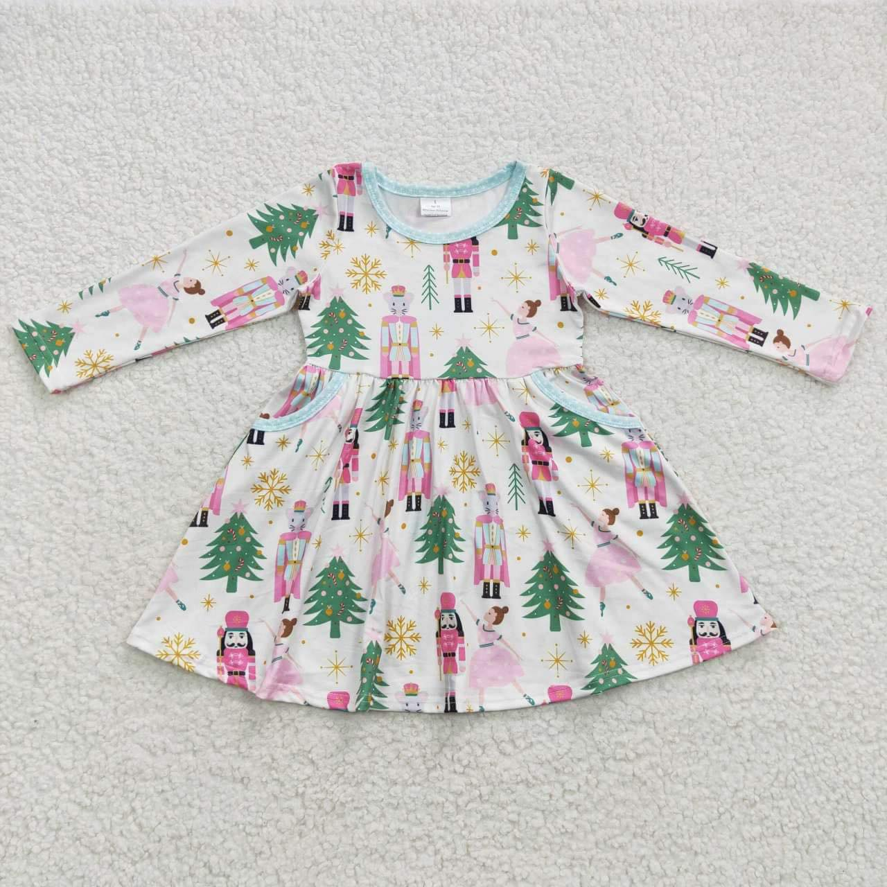 GLD0245 Christmas Tree Soldier Cartoon Long Sleeves Girls Dress