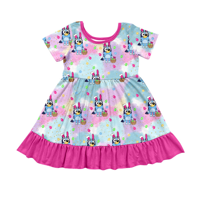 custom Cartoon dog purple short sleeve girls dress