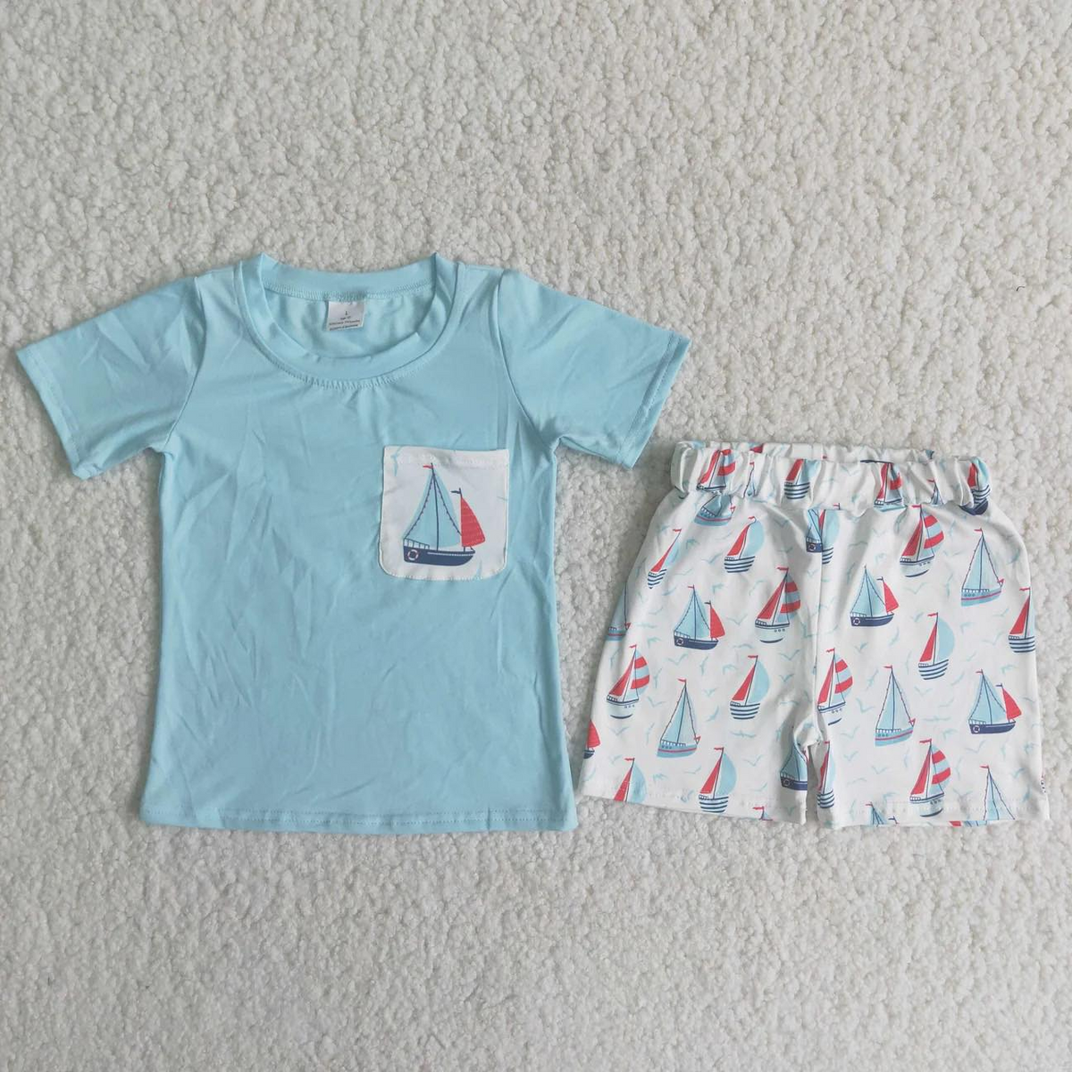 A13-12 Blue Pocket Short Sleeves Sailing Shorts Boys Summer Set