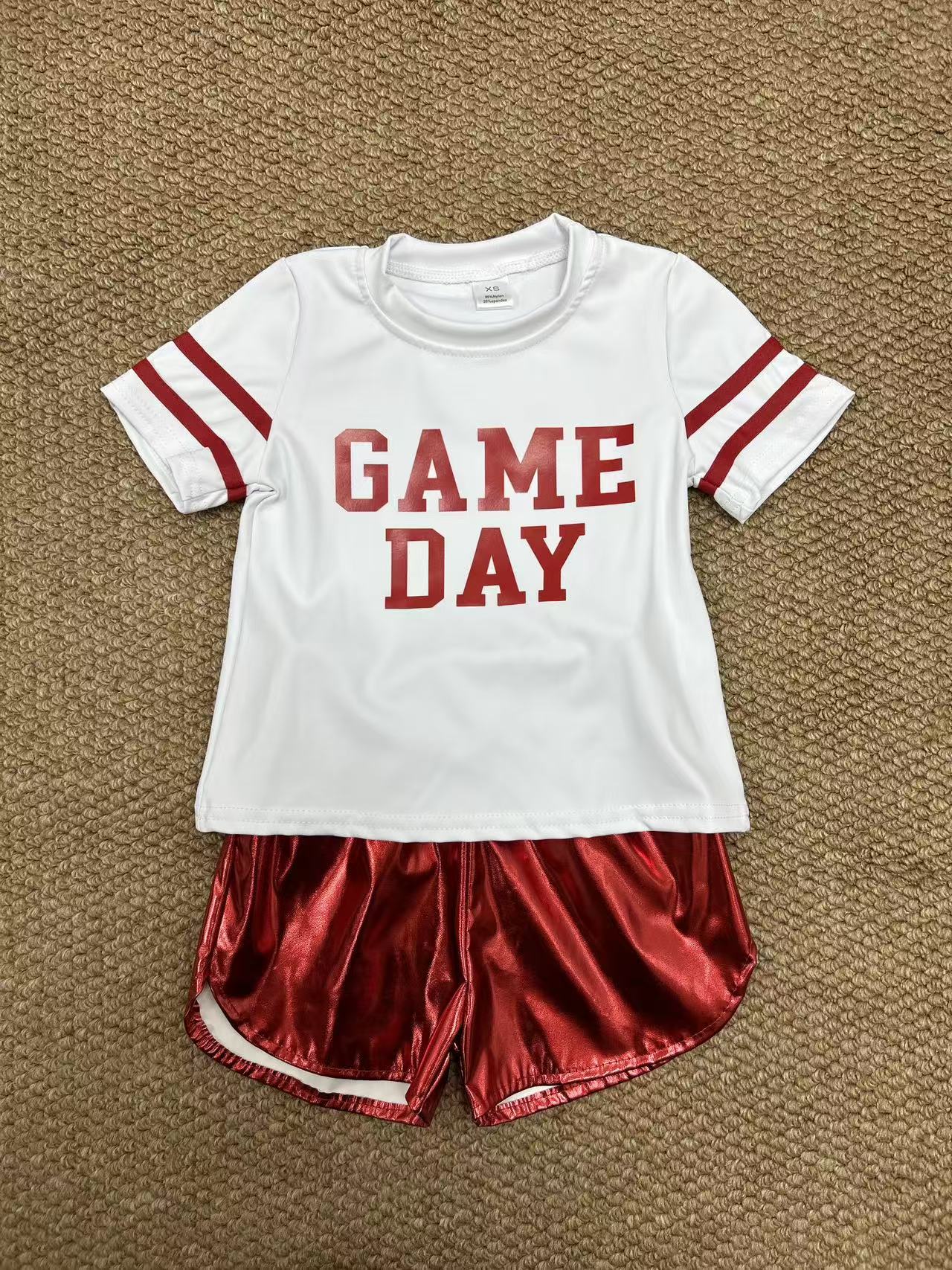 yoga screen print game day red short sleeve red leather shorts girls set