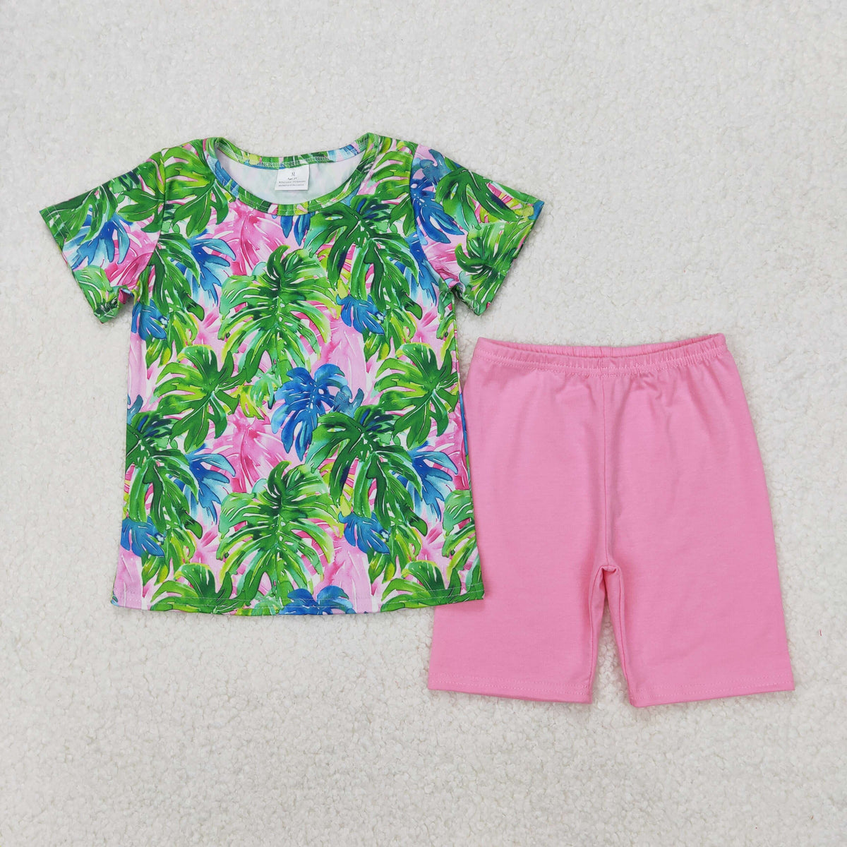 GSSO2211 colorful leaf short sleeve hot pink shorts girls set