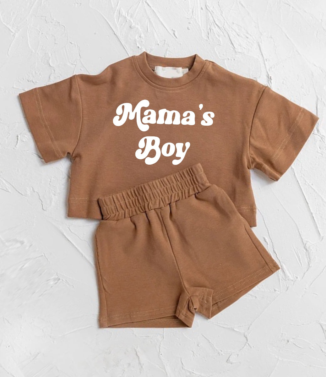 custom moq 3 mama's boy brown short sleeve shorts boys set