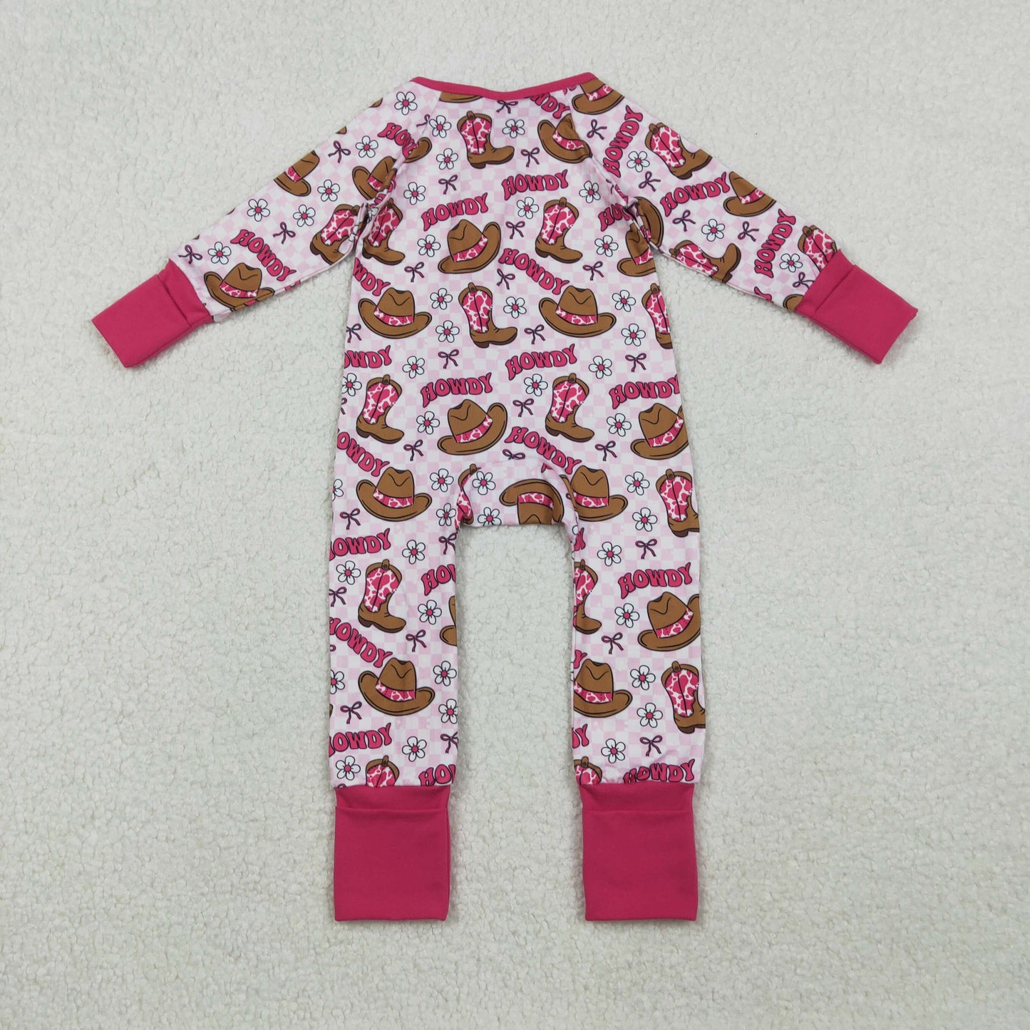 LR2516 Western howdy boot hot pink zipper long sleeve girls romper