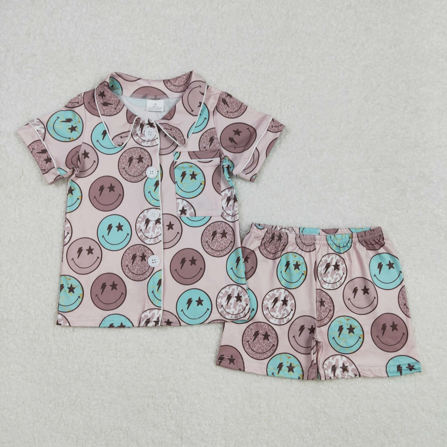GSSO1545 colorful smile blue brown smile short sleeve shorts girls pajamas