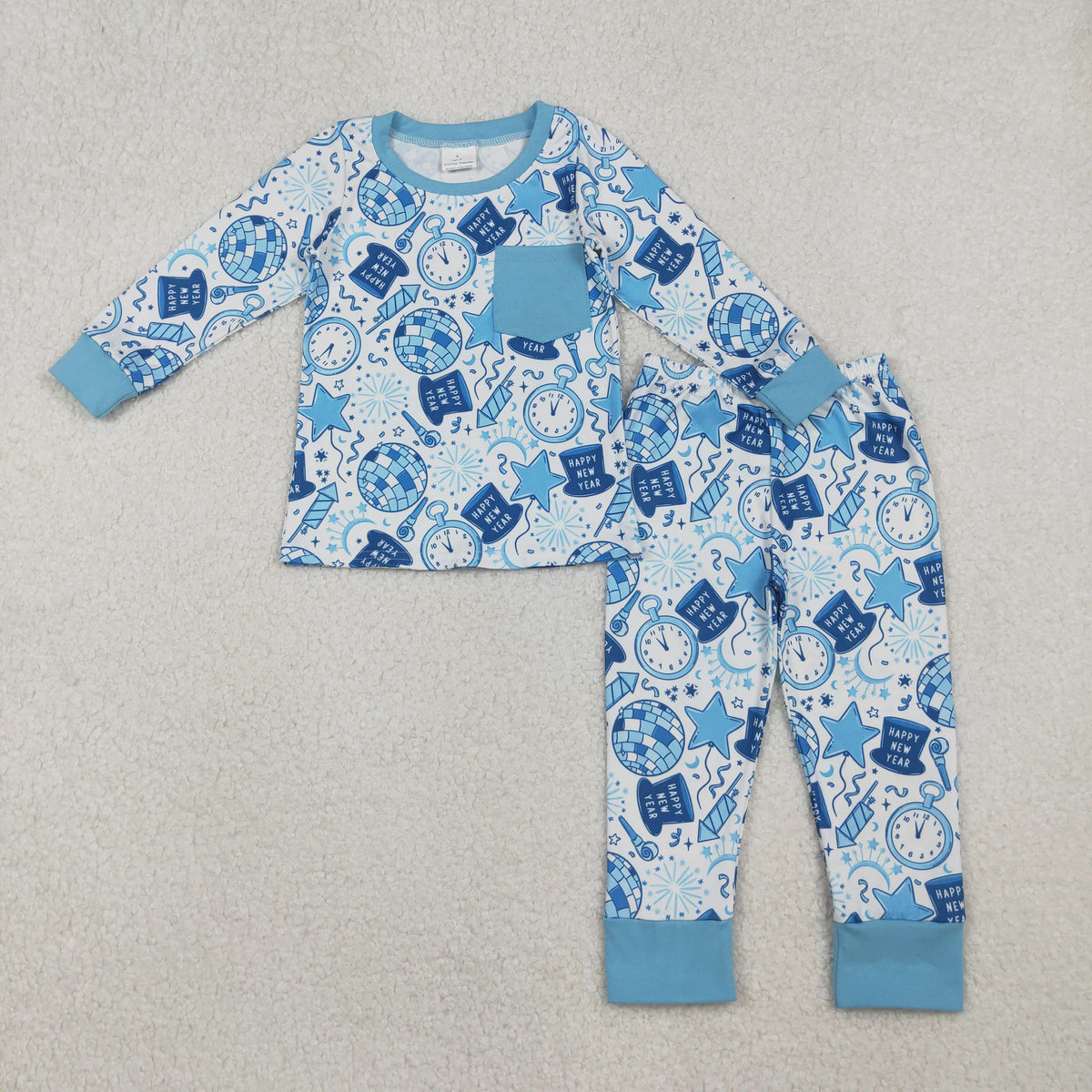 BLP1259 happy new year light clock star blue long sleeve pants boys pajamas
