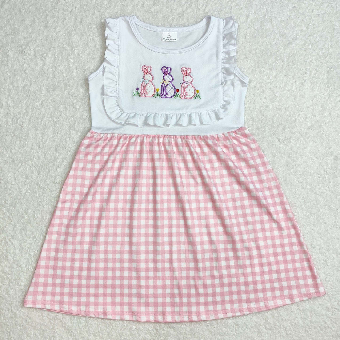 embroidery GSD1696 Easter Bunny Rabbit Flowers Pink Checkered Girls Dress