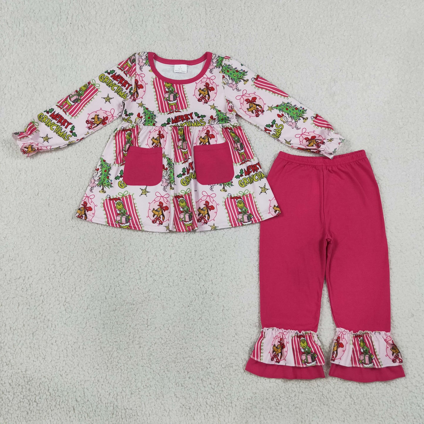 GLP3461 Christmas Green Face Pockets Long Sleeve Hot Pink Pants Girls Set