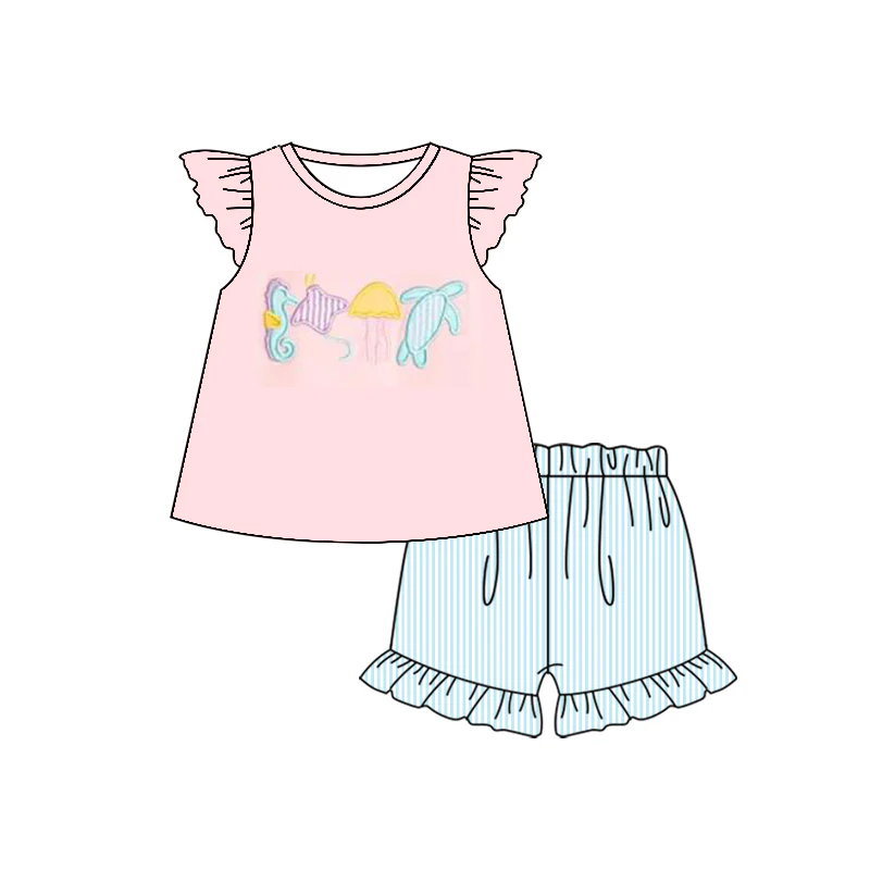custom style cartoon sea house tortoise pink flutter sleeve blue striped shorts girls set