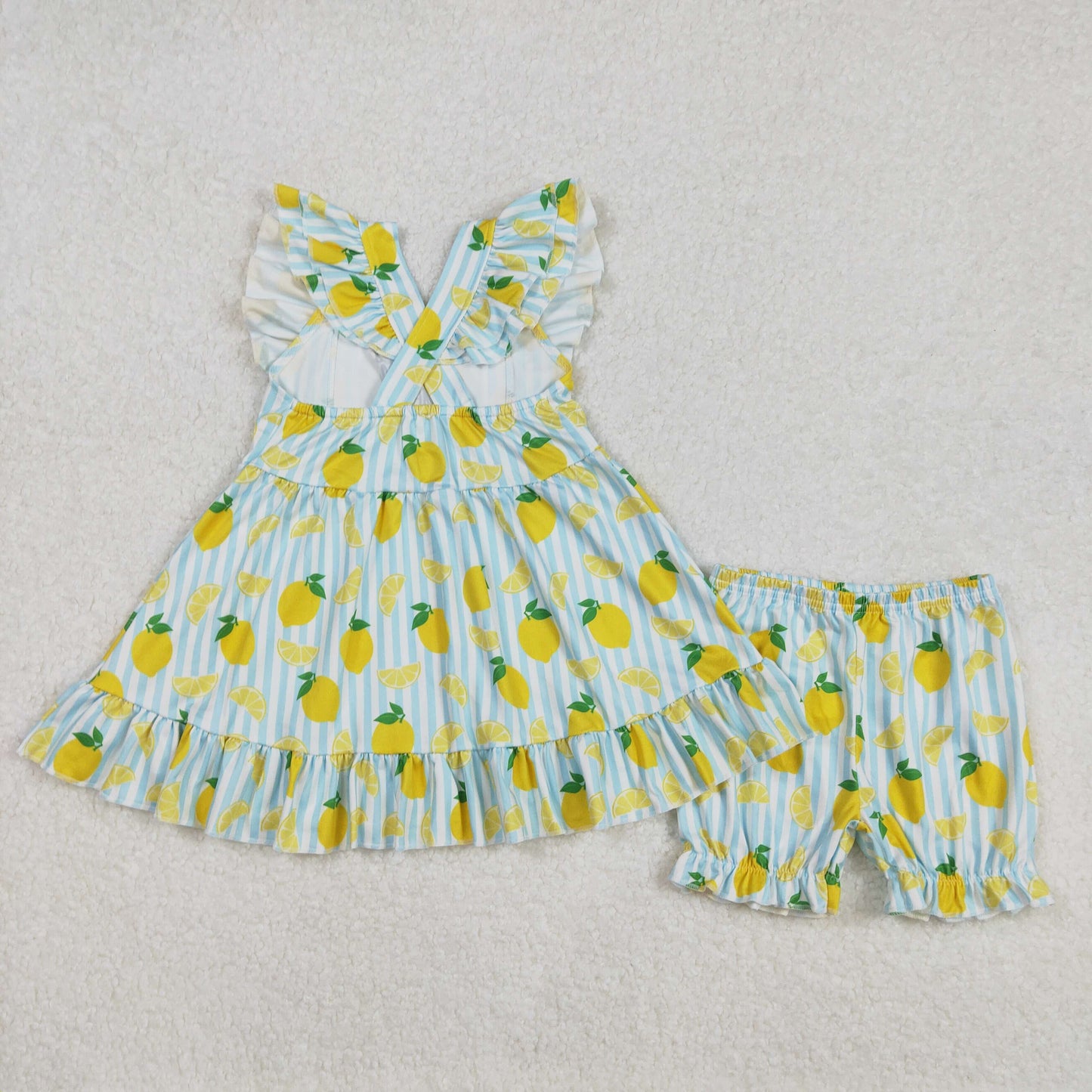 GSSO2026 mama's main squeeze lemon striped flutter sleeve shorts girls set