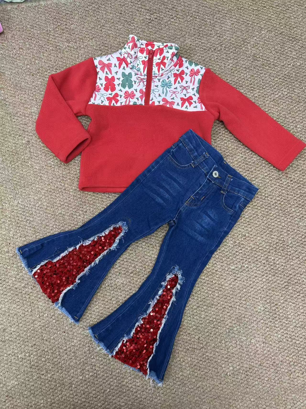 sherpa Christmas bows zipper long sleeve sequin pants girls set RTS Sibling Clothes