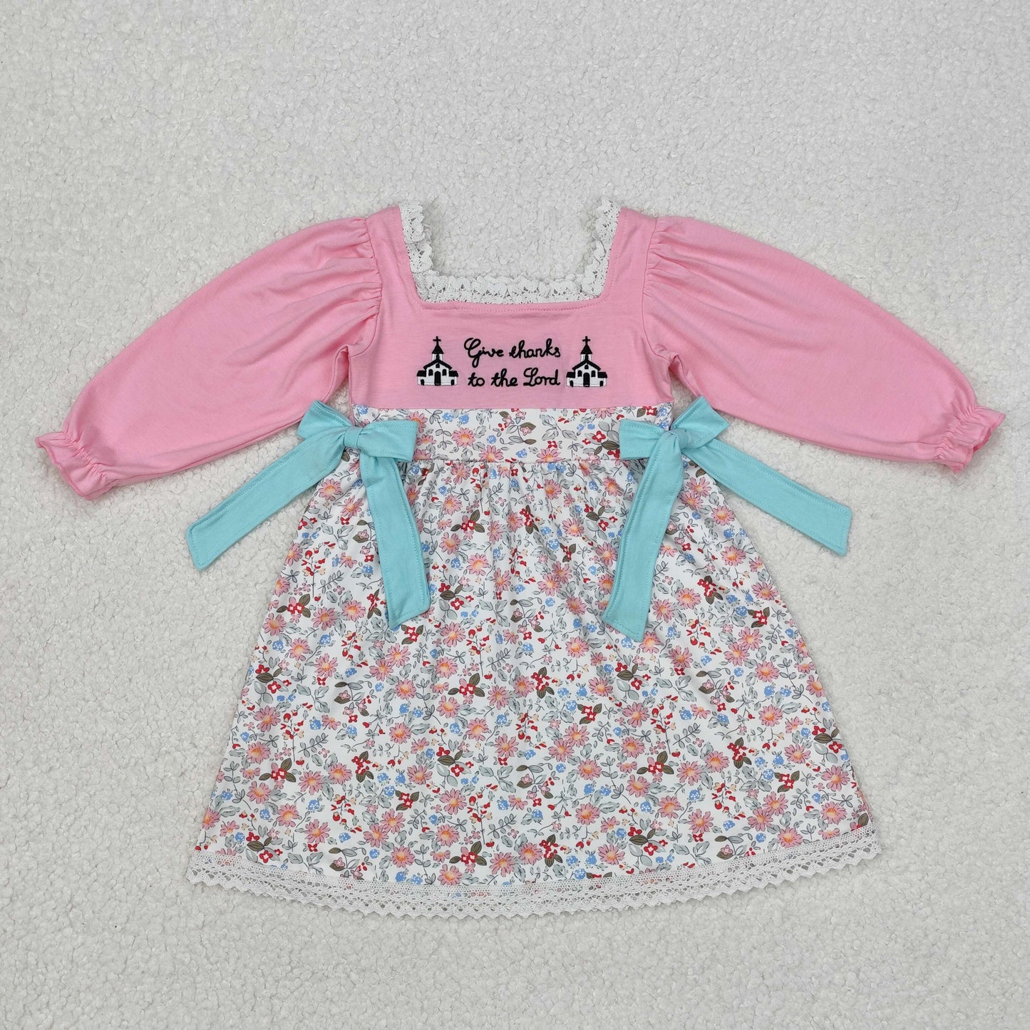 embroidery GLD0967 Easter give thanks to the lord pink flowers long sleeve girls dress